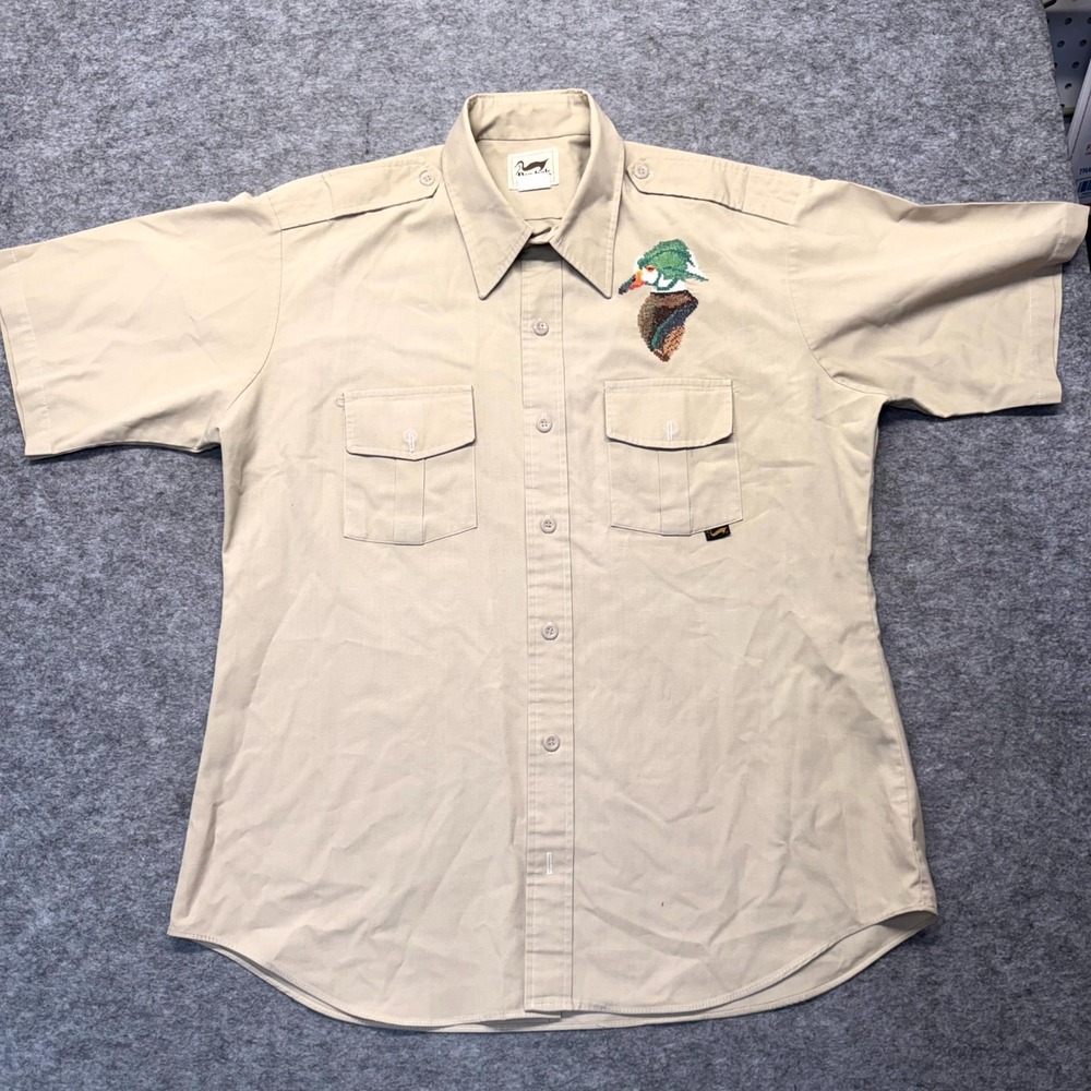 Duxbak Button Up Shirt Men L Beige Short Sleeve Embroidered Duck Print Collared
